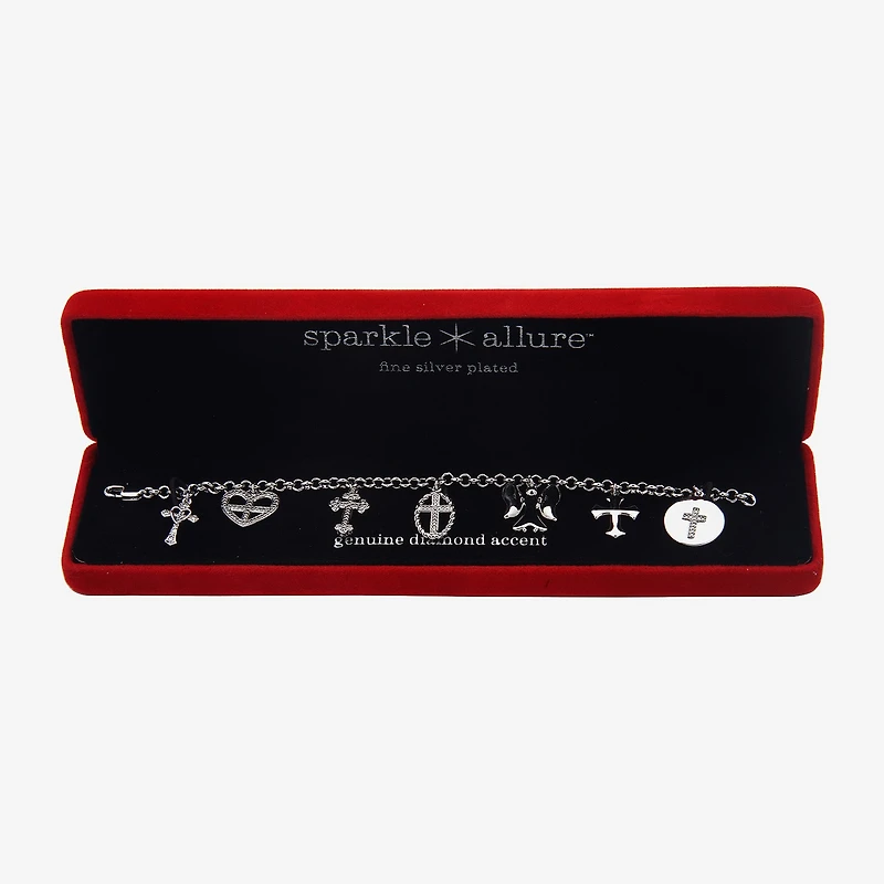Sparkle Allure Womens Natural White Diamond Accent Pure Silver Over Bronze Angel Cross Heart Charm Bracelet