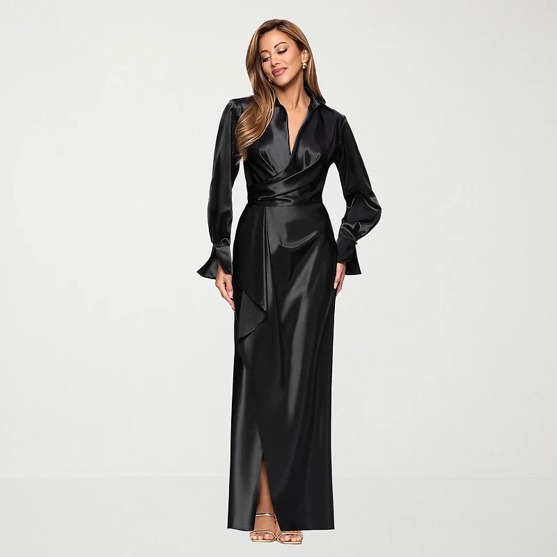 DJ Jaz Womens Long Sleeve Satin Evening Gown