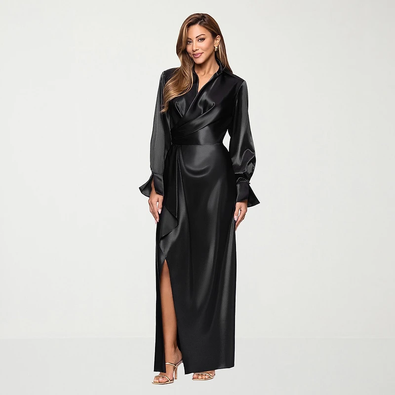 DJ Jaz Womens Long Sleeve Satin Evening Gown