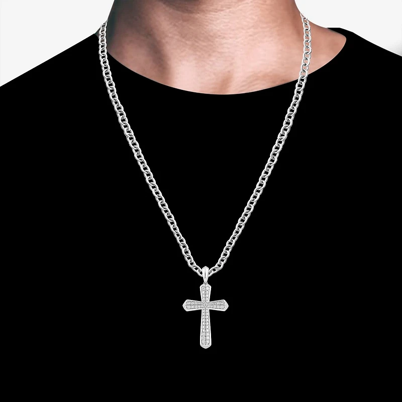 Cross (F, Si2) Mens 1 CT. T.W. Lab Grown White Diamond Sterling Silver Cross 18 Inch Pendant Necklace