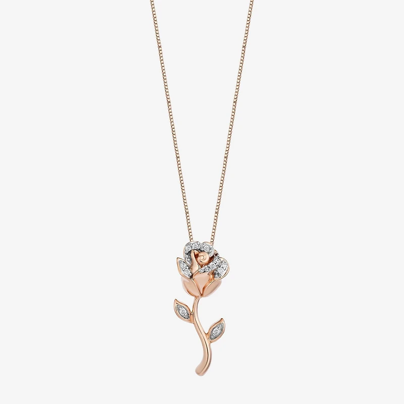 Enchanted Disney Fine Jewelry Belle (I, I2) Womens 1/10 CT. T.W. Lab Grown White Diamond 14K Rose Gold Over Silver Flower 18 Inch Pendant Necklace