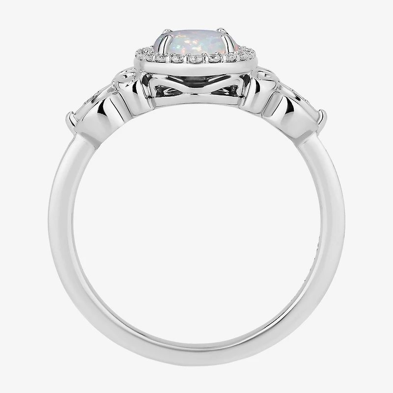 Enchanted Disney Fine Jewelry Cinderella (I, I2) Womens 1/8 CT. T.W. Lab Created White Opal Sterling Silver Oval Princess Cocktail Ring