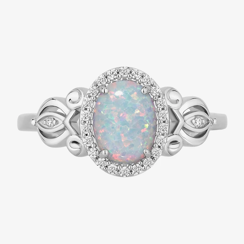 Enchanted Disney Fine Jewelry Cinderella (I, I2) Womens 1/8 CT. T.W. Lab Created White Opal Sterling Silver Oval Princess Cocktail Ring