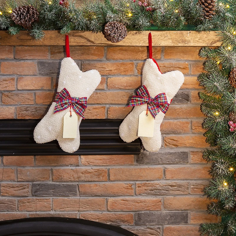 Glitzhome 12.5" Bone Shaped Hooked Christmas Stocking - Set of 2