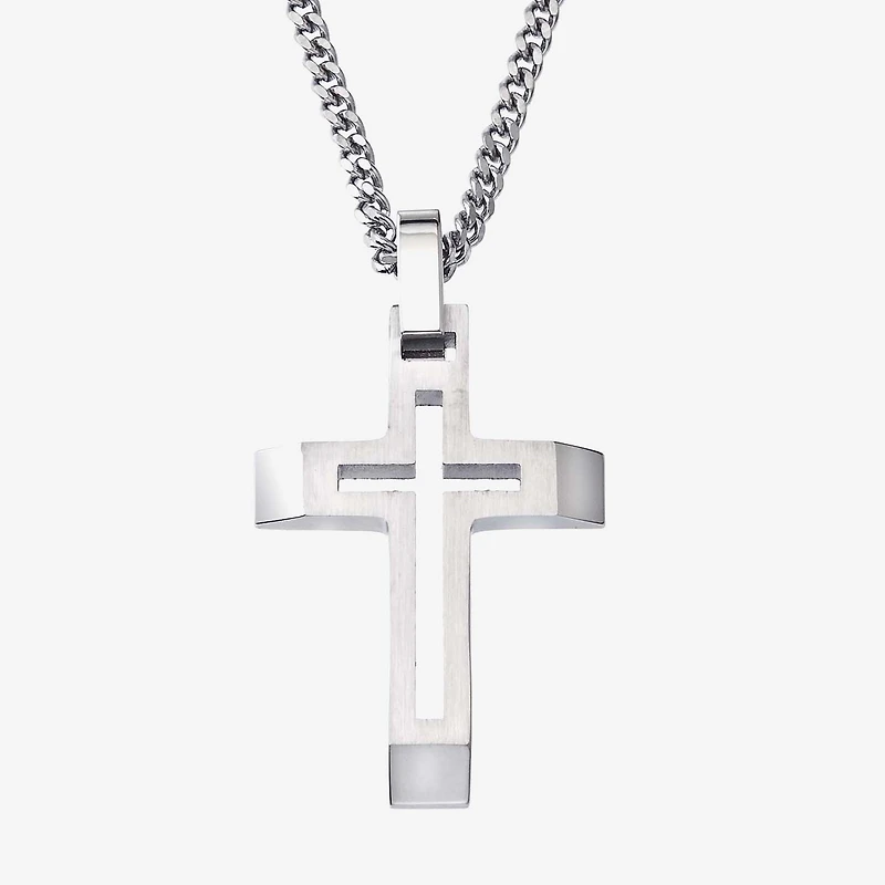 Mens Stainless Steel Cross 24 Inch Pendant Necklace