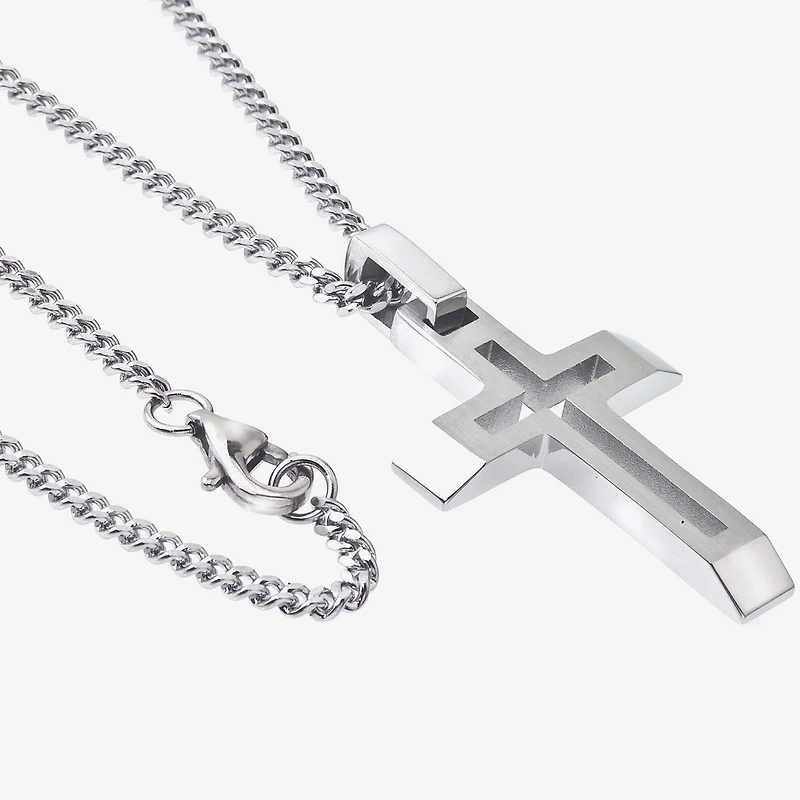 Mens Stainless Steel Cross 24 Inch Pendant Necklace