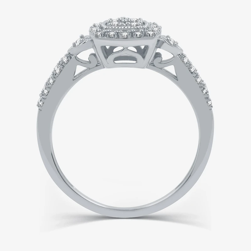 Womens 1/4 CT. T.W. Natural White Diamond Sterling Silver Cushion Side Stone Halo Promise Ring