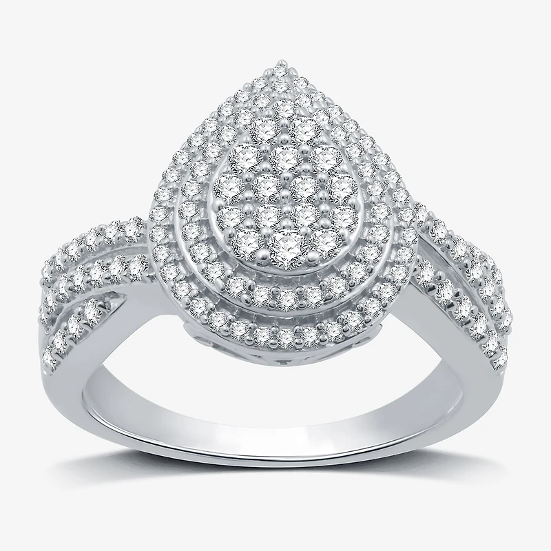 Womens 3/4 CT. T.W. Natural White Diamond Sterling Silver Pear Halo Side Stone Cocktail Ring