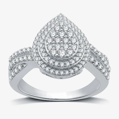 Womens 3/4 CT. T.W. Natural White Diamond Sterling Silver Pear Halo Side Stone Cocktail Ring