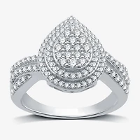 Womens 3/4 CT. T.W. Natural White Diamond Sterling Silver Pear Halo Side Stone Cocktail Ring