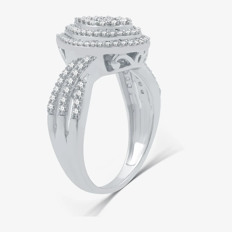 Womens 3/4 CT. T.W. Natural White Diamond Sterling Silver Pear Halo Side Stone Cocktail Ring