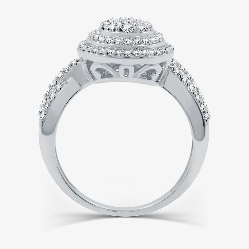 Womens 3/4 CT. T.W. Natural White Diamond Sterling Silver Pear Halo Side Stone Cocktail Ring