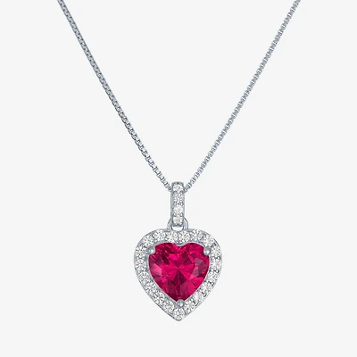 Womens Lab Created Red Ruby Sterling Silver Heart 18 Inch Pendant Necklace