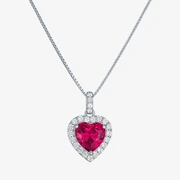 Womens Lab Created Red Ruby Sterling Silver Heart 18 Inch Pendant Necklace