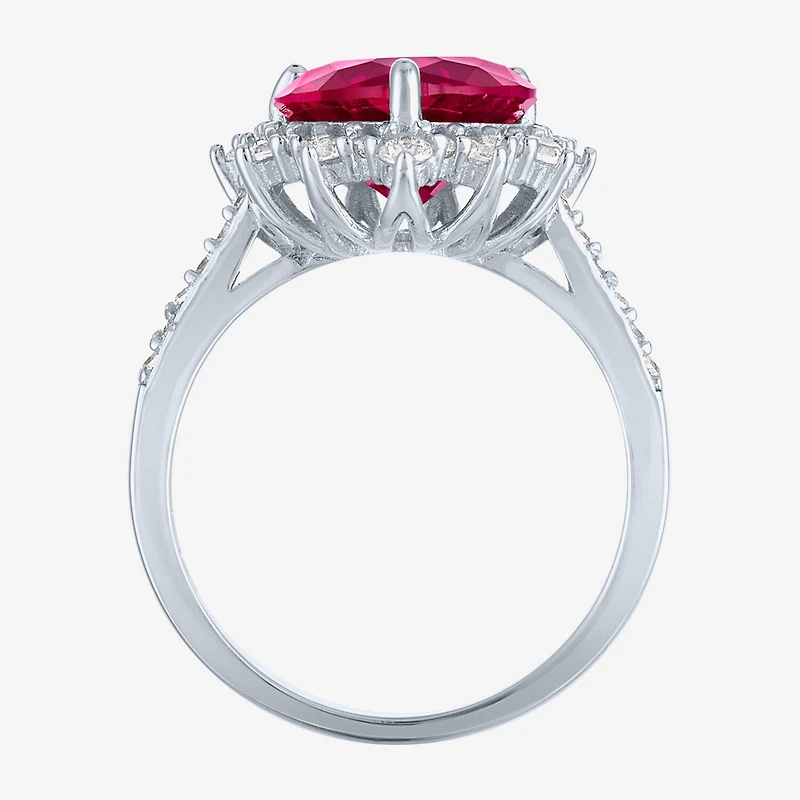 Womens Lab Created Red Ruby Sterling Silver Heart Halo Side Stone Cocktail Ring