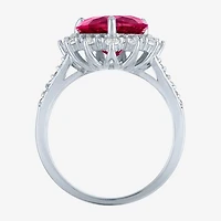 Womens Lab Created Red Ruby Sterling Silver Heart Halo Side Stone Cocktail Ring