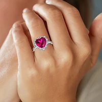 Womens Lab Created Red Ruby Sterling Silver Heart Halo Side Stone Cocktail Ring
