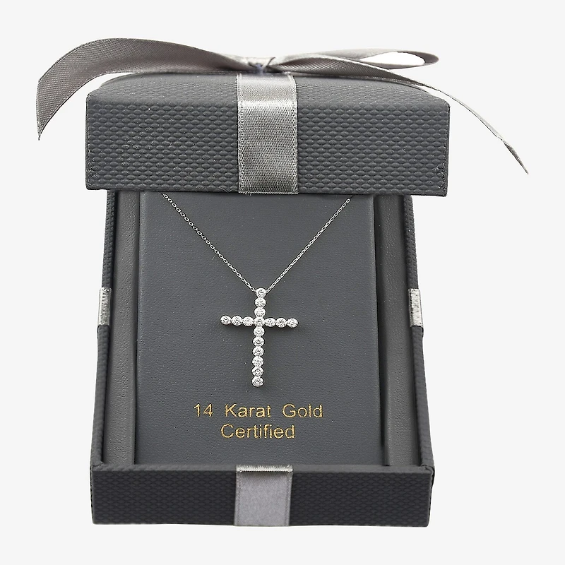 Floating Diamonds (F / Vs2) Womens 1 CT. T.W. Lab Grown White Diamond 14K Gold Cross 18 Inch Pendant Necklace