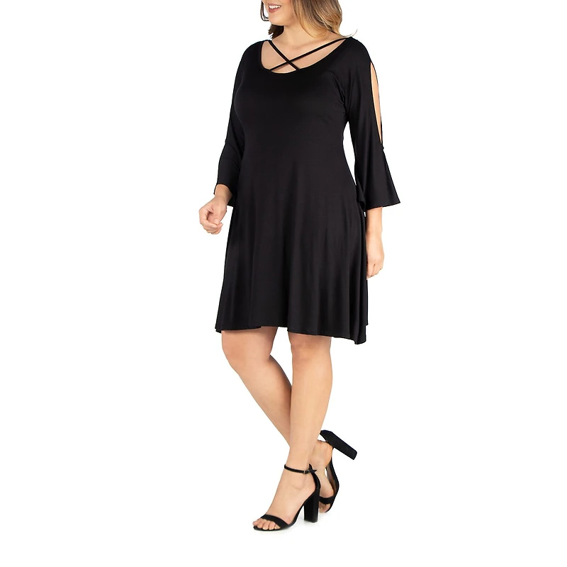 24seven Comfort Apparel Womens Plus Round Neck 3/4 Sleeve A-Line Dress
