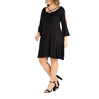 24seven Comfort Apparel Womens Plus Round Neck 3/4 Sleeve A-Line Dress