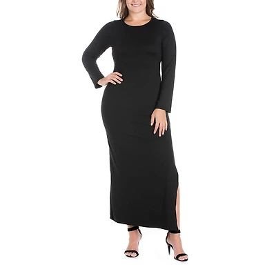 24seven Comfort Apparel Womens Plus Round Neck Long Sleeve Maxi Dress