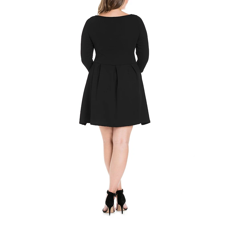 24seven Comfort Apparel Womens Plus Round Neck 3/4 Sleeve Fit + Flare Dress