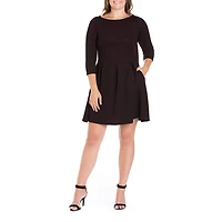 24seven Comfort Apparel Womens Plus Round Neck 3/4 Sleeve Fit + Flare Dress