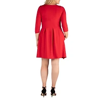 24seven Comfort Apparel Womens Plus Round Neck 3/4 Sleeve Fit + Flare Dress