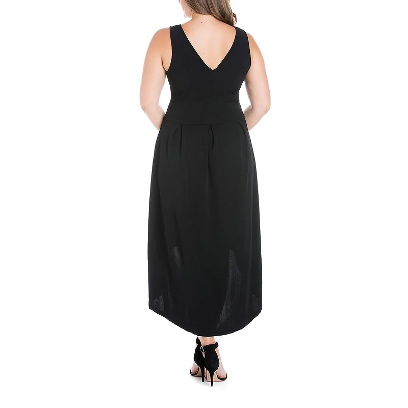 24seven Comfort Apparel Womens Plus Midi V Neck Sleeveless A-Line Dress