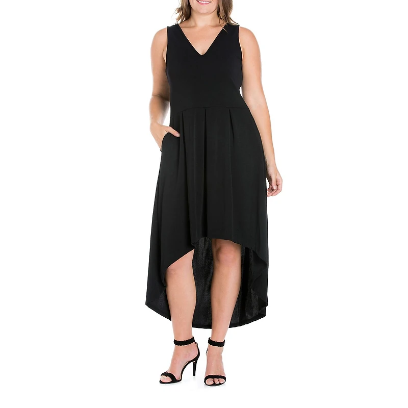 24seven Comfort Apparel Womens Plus Midi V Neck Sleeveless A-Line Dress