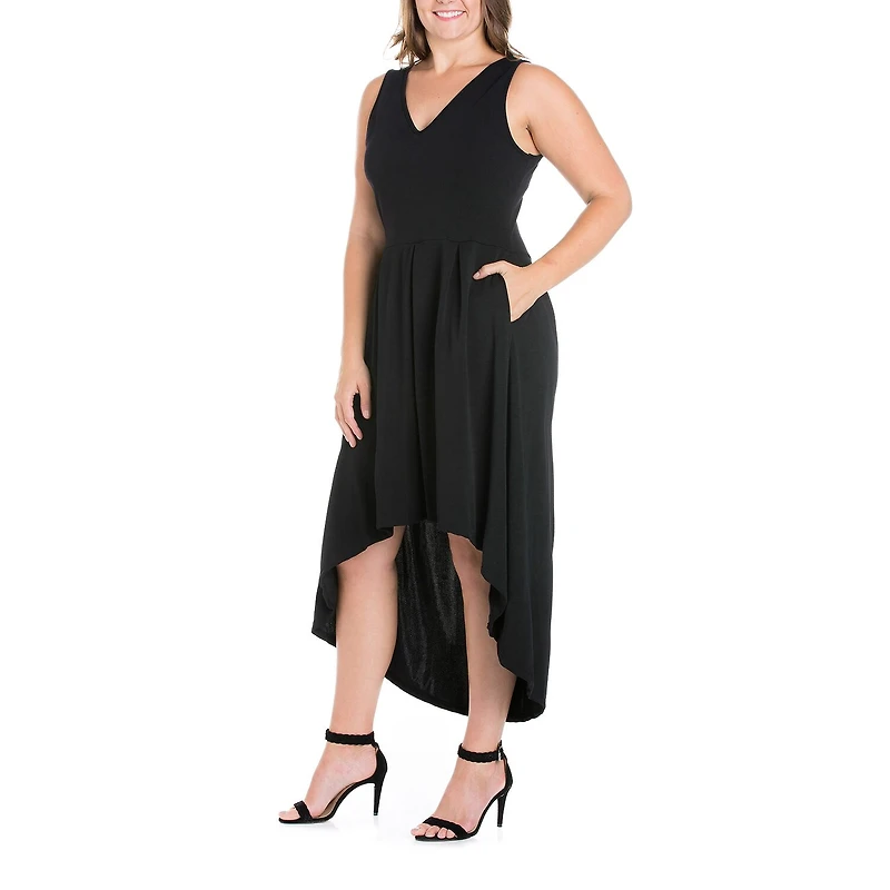 24seven Comfort Apparel Womens Plus Midi V Neck Sleeveless A-Line Dress