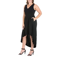 24seven Comfort Apparel Womens Plus Midi V Neck Sleeveless A-Line Dress