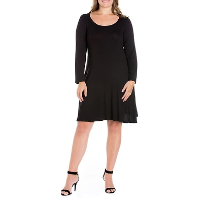 24seven Comfort Apparel Womens Plus Scoop Neck Long Sleeve A-Line Dress