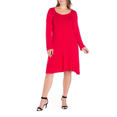 24seven Comfort Apparel Womens Plus Scoop Neck Long Sleeve A-Line Dress