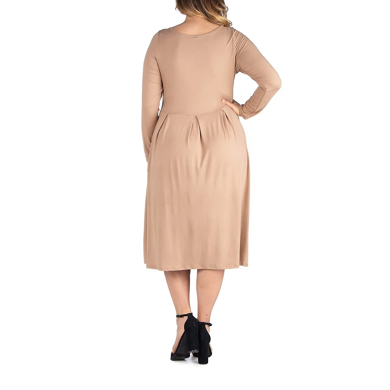 24seven Comfort Apparel Womens Plus Midi Round Neck Long Sleeve Fit + Flare Dress
