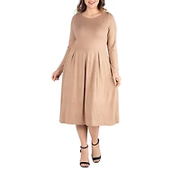 24seven Comfort Apparel Womens Plus Midi Round Neck Long Sleeve Fit + Flare Dress