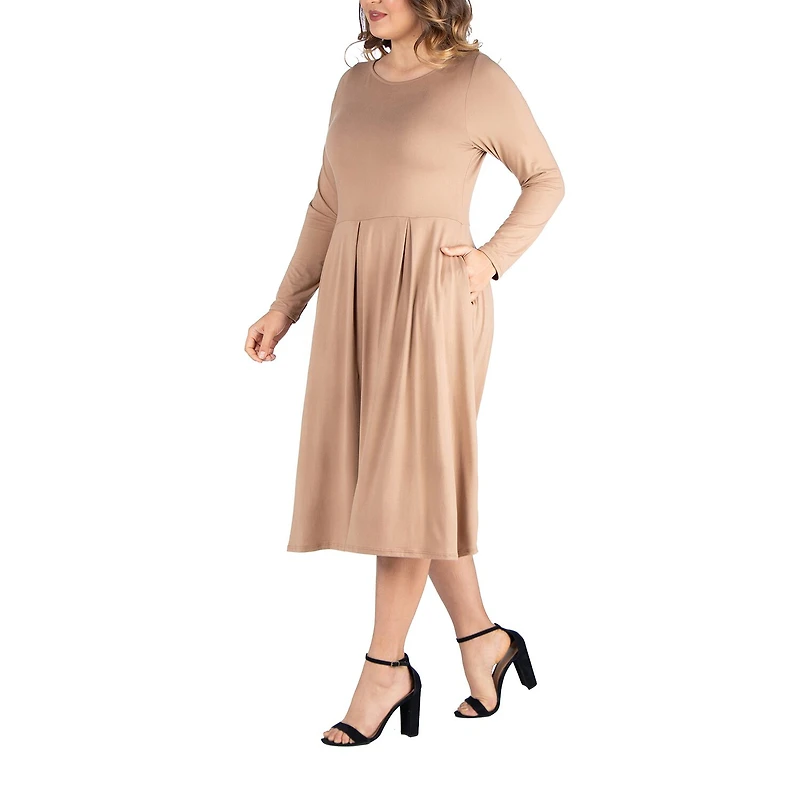 24seven Comfort Apparel Womens Plus Midi Round Neck Long Sleeve Fit + Flare Dress