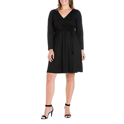 24seven Comfort Apparel Womens Plus V Neck Long Sleeve A-Line Dress