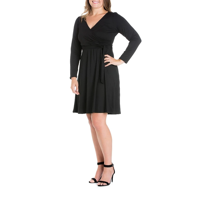 24seven Comfort Apparel Womens Plus V Neck Long Sleeve A-Line Dress