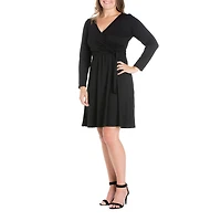 24seven Comfort Apparel Womens Plus V Neck Long Sleeve A-Line Dress