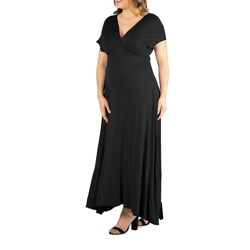 24seven Comfort Apparel Womens Plus V Neck Short Sleeve Maxi Dress