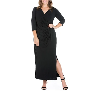 24seven Comfort Apparel Womens Plus V Neck 3/4 Sleeve Maxi Dress