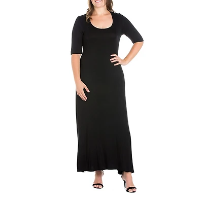 24seven Comfort Apparel Womens Plus Scoop Neck 3/4 Sleeve Maxi Dress