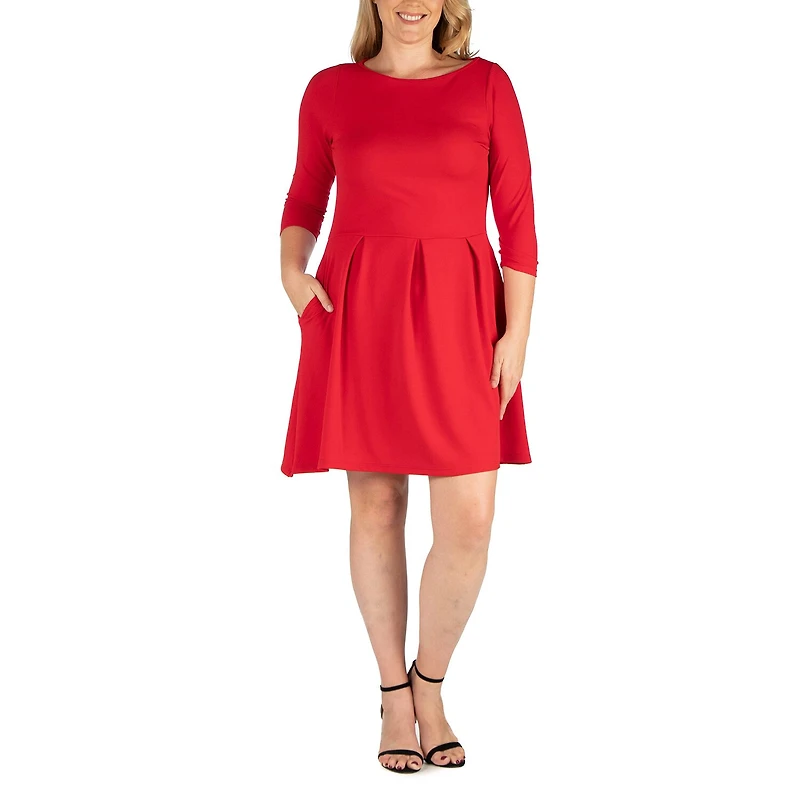 24seven Comfort Apparel Womens Plus Round Neck 3/4 Sleeve Fit + Flare Dress