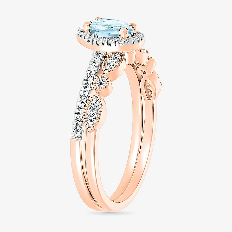 Modern Bride Gemstone Womens Genuine Blue Aquamarine 14K Gold Oval Bridal Set