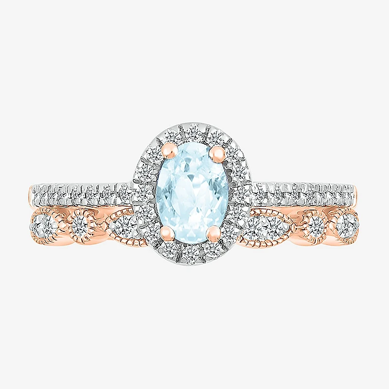 Modern Bride Gemstone Womens Genuine Blue Aquamarine 14K Gold Oval Bridal Set