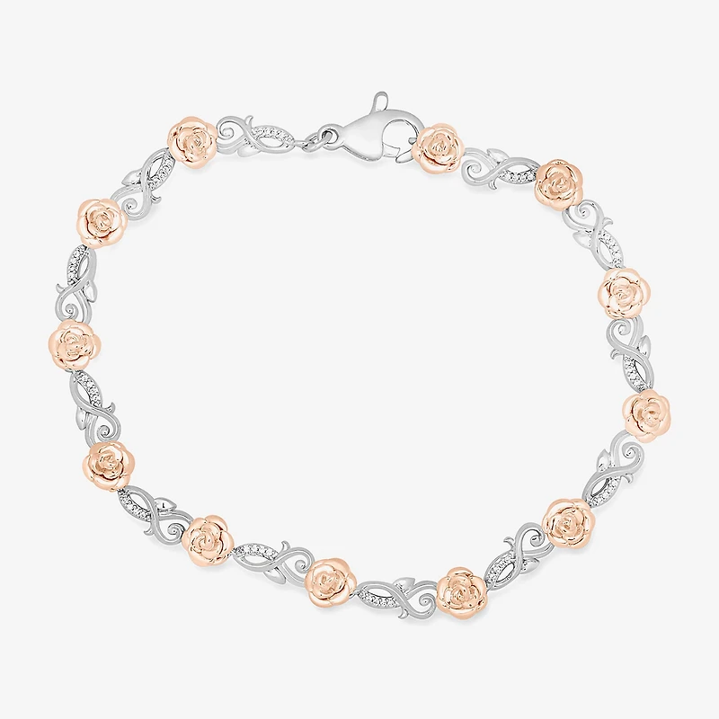 Enchanted Disney Fine Jewelry Womens 1/10 CT. T.W. Natural White Diamond 14K Rose Gold Over Silver Sterling Silver Beauty and the Beast Belle Princess Charm Bracelet