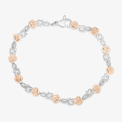 Enchanted Disney Fine Jewelry Womens 1/10 CT. T.W. Natural White Diamond 14K Rose Gold Over Silver Sterling Silver Beauty and the Beast Belle Princess Charm Bracelet