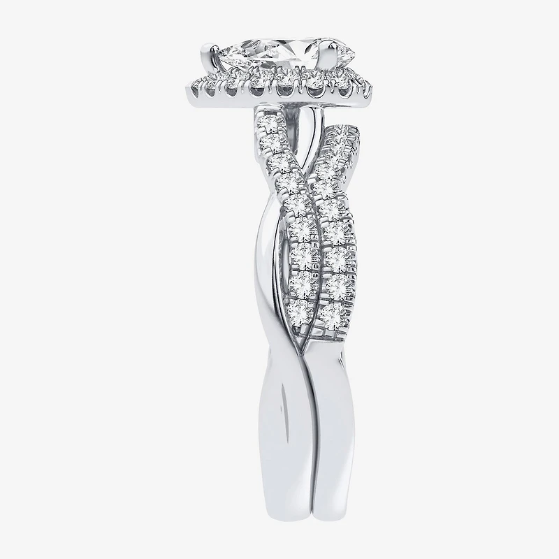 Signature By Modern Bride 1 1/5 CT. T.W. Lab-Grown (H-I / SI1-SI2) Diamond Pear Side Stone Halo Bridal Set 10K or 14K Gold