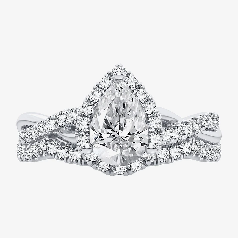 Signature By Modern Bride 1 1/5 CT. T.W. Lab-Grown (H-I / SI1-SI2) Diamond Pear Side Stone Halo Bridal Set 10K or 14K Gold
